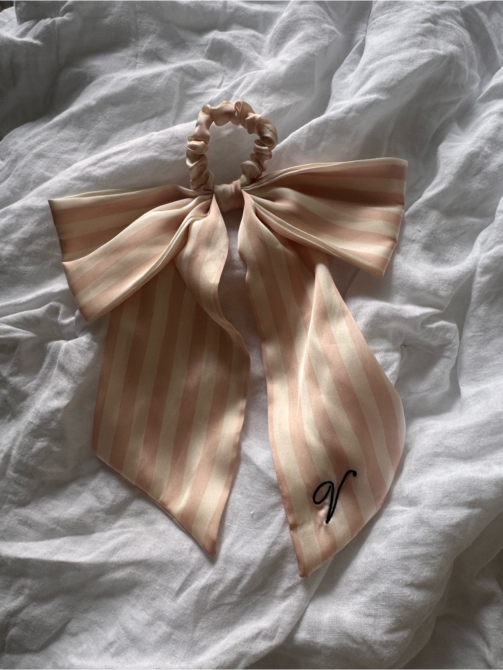 Victoria's Secret Peach and Cream Striped Bow Scrunchie